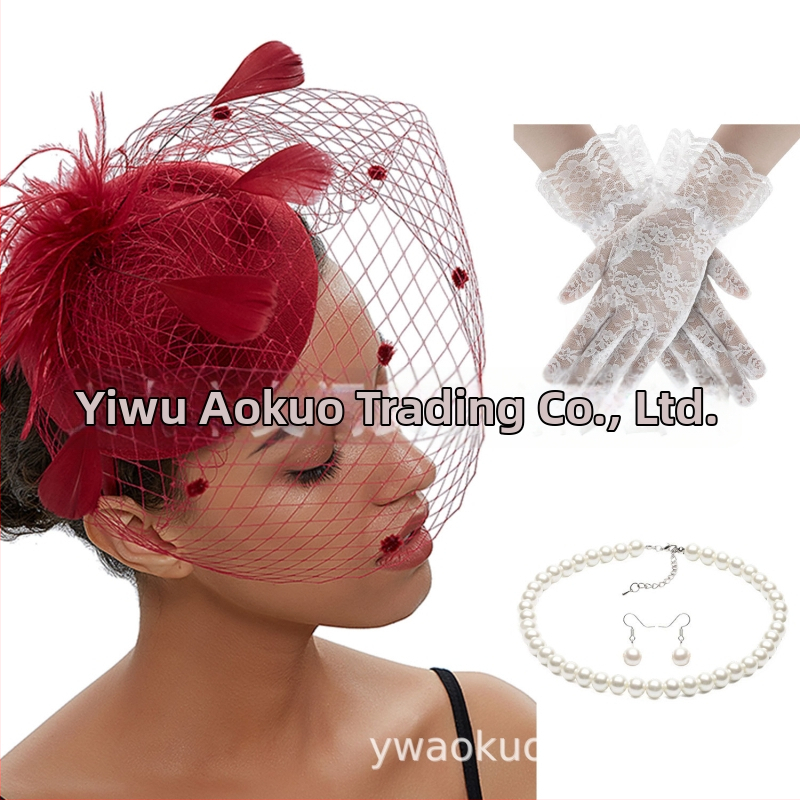 Retro svadobný set na hlavu s perami a sieťovanou gáznou, náušnice a rukavice – ručne vyrobené, pre ženy, 5463 setov