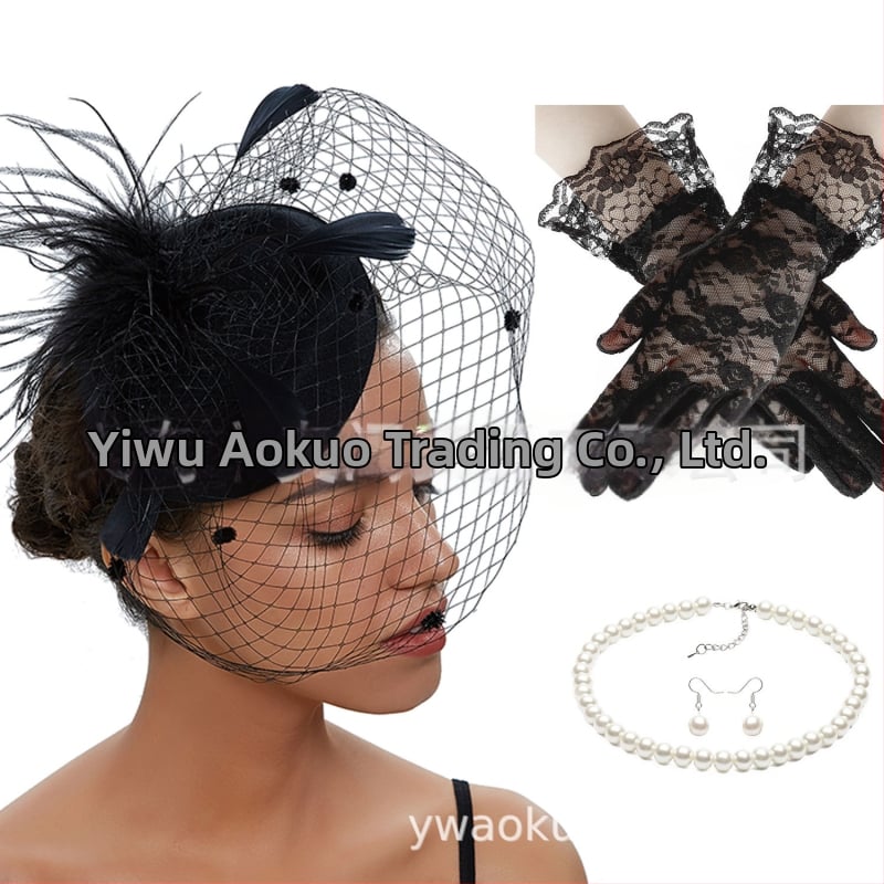 Set retro de mireasă pentru păr cu pene și plasă de voal, cercei și mănuși — lucrat manual, pentru femei, 5463 seturi