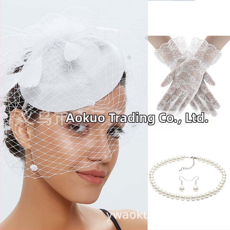 Set retro de mireasă pentru păr cu pene și plasă de voal, cercei și mănuși — lucrat manual, pentru femei, 5463 seturi