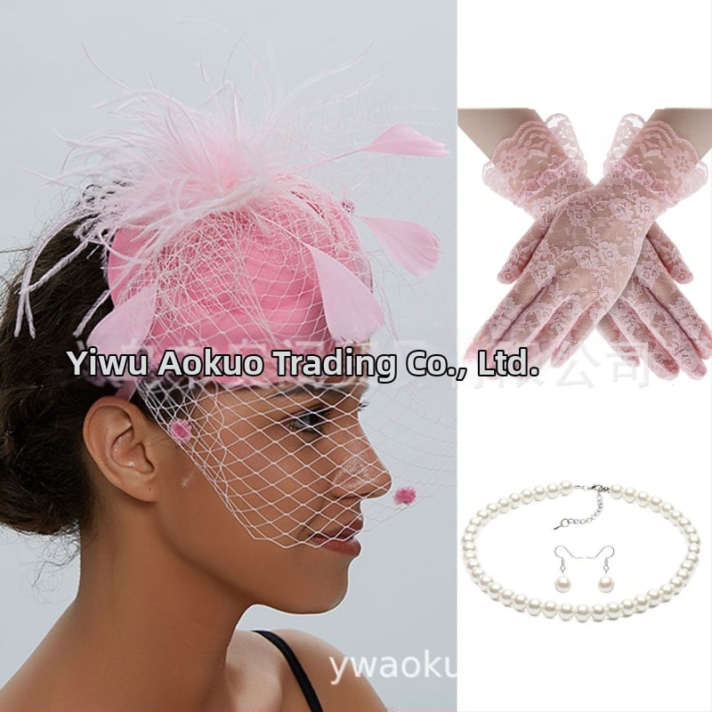Set retro de mireasă pentru păr cu pene și plasă de voal, cercei și mănuși — lucrat manual, pentru femei, 5463 seturi