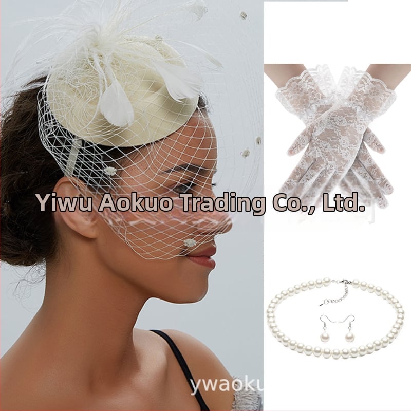 Set retro de mireasă pentru păr cu pene și plasă de voal, cercei și mănuși — lucrat manual, pentru femei, 5463 seturi
