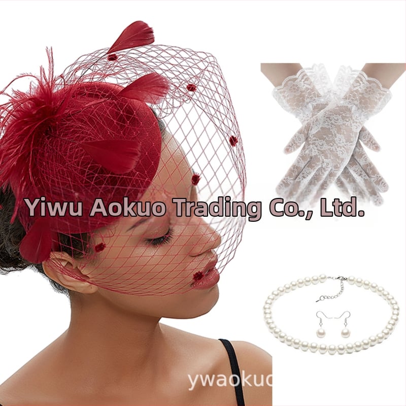 Set retro de mireasă pentru păr cu pene și plasă de voal, cercei și mănuși — lucrat manual, pentru femei, 5463 seturi