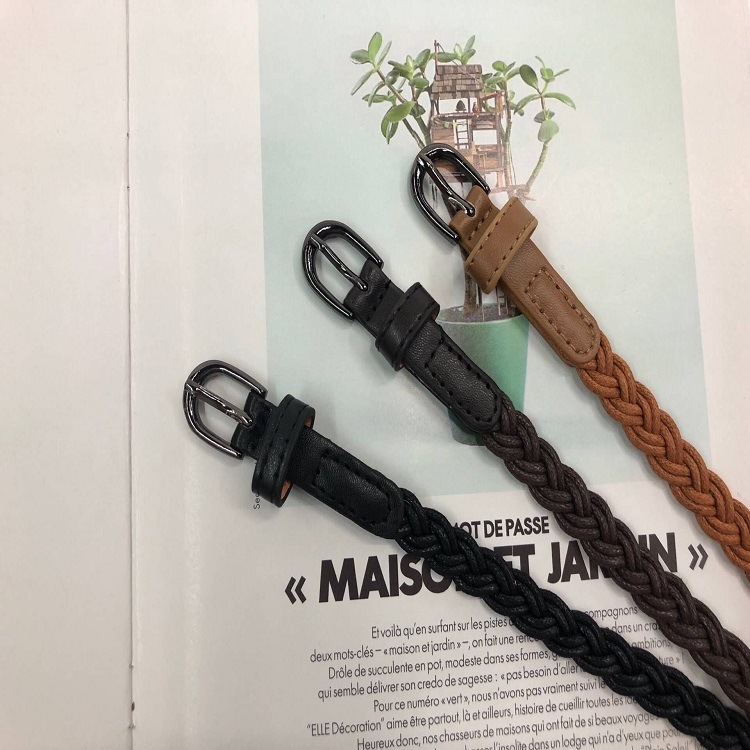 Ženski pleteni kaiš s kopčom na pin, umjetna koža, kopča od legure, uska širina ispod 2 cm, minimalistički elegantan kaiš za haljinu