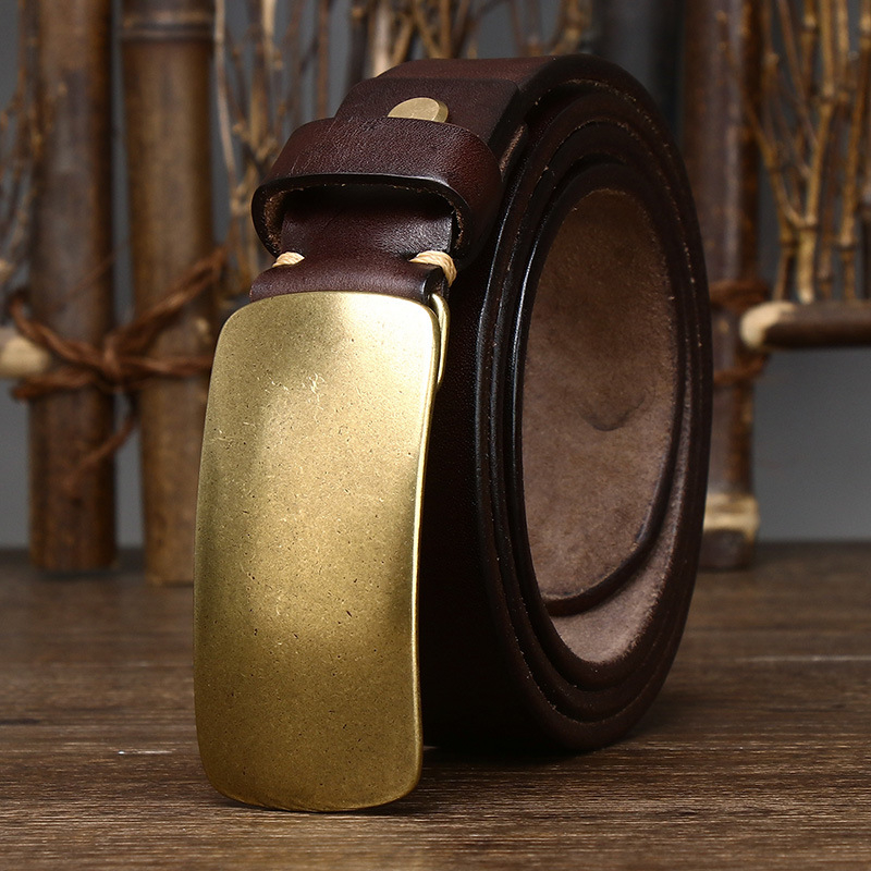 Muški kaiš, širina 3,3 cm, gornji sloj teleće kože, prava koža, bakrena kopča, glatka kopča, korejski retro stil