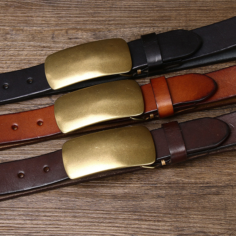 Muški kaiš, širina 3,3 cm, gornji sloj teleće kože, prava koža, bakrena kopča, glatka kopča, korejski retro stil