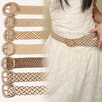 Moterų suknelės diržas Korėjietiško stiliaus, pintas PP juostelė su šiaudų tekstūra, apvali metalinė sagtis, užsegimas su smeigtuku, prekės ženklas Qiwei