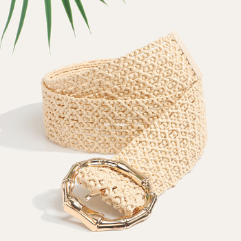 Moterų suknelės diržas Korėjietiško stiliaus, pintas PP juostelė su šiaudų tekstūra, apvali metalinė sagtis, užsegimas su smeigtuku, prekės ženklas Qiwei