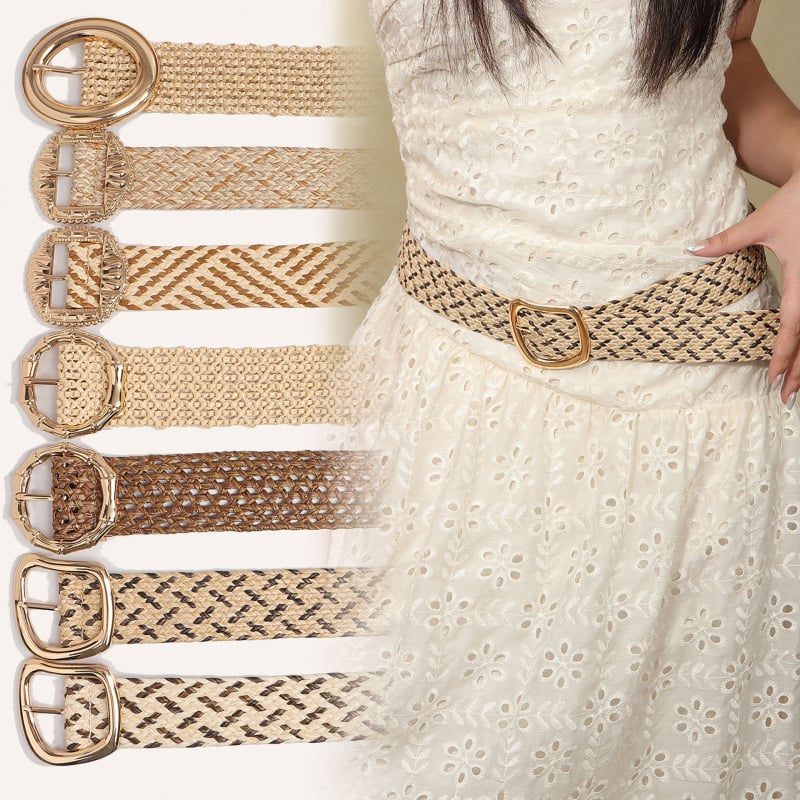 Moterų suknelės diržas Korėjietiško stiliaus, pintas PP juostelė su šiaudų tekstūra, apvali metalinė sagtis, užsegimas su smeigtuku, prekės ženklas Qiwei