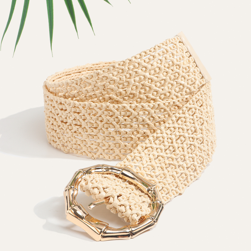 Moterų suknelės diržas Korėjietiško stiliaus, pintas PP juostelė su šiaudų tekstūra, apvali metalinė sagtis, užsegimas su smeigtuku, prekės ženklas Qiwei