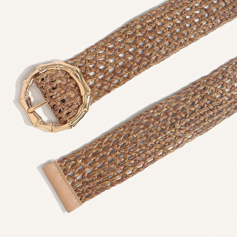 Moterų suknelės diržas Korėjietiško stiliaus, pintas PP juostelė su šiaudų tekstūra, apvali metalinė sagtis, užsegimas su smeigtuku, prekės ženklas Qiwei