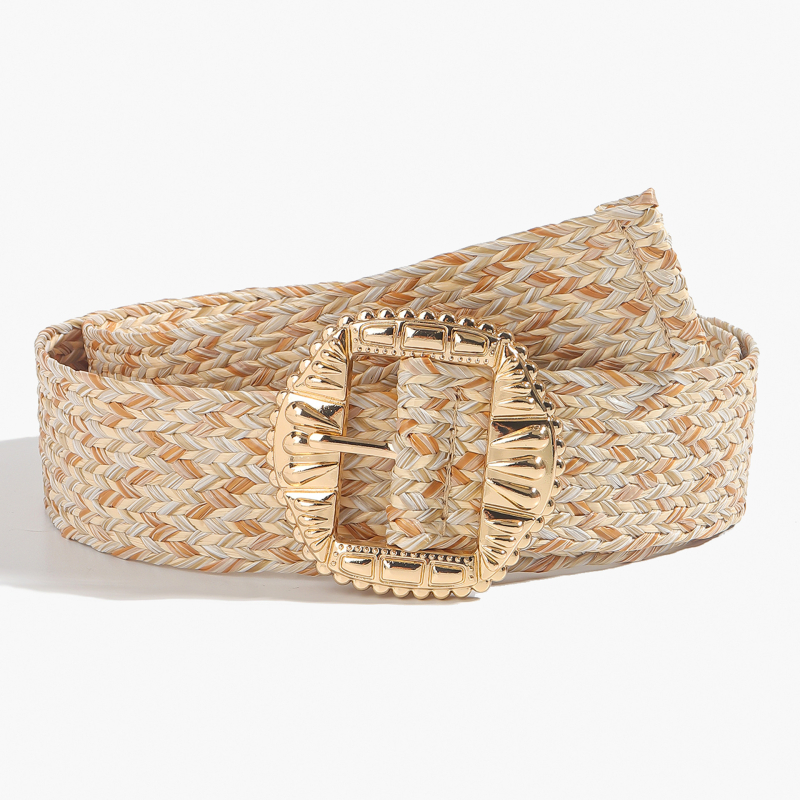 Moterų suknelės diržas Korėjietiško stiliaus, pintas PP juostelė su šiaudų tekstūra, apvali metalinė sagtis, užsegimas su smeigtuku, prekės ženklas Qiwei