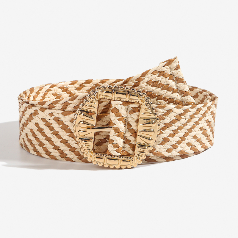 Moterų suknelės diržas Korėjietiško stiliaus, pintas PP juostelė su šiaudų tekstūra, apvali metalinė sagtis, užsegimas su smeigtuku, prekės ženklas Qiwei