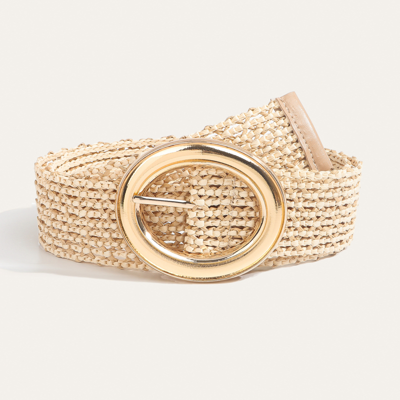 Moterų suknelės diržas Korėjietiško stiliaus, pintas PP juostelė su šiaudų tekstūra, apvali metalinė sagtis, užsegimas su smeigtuku, prekės ženklas Qiwei