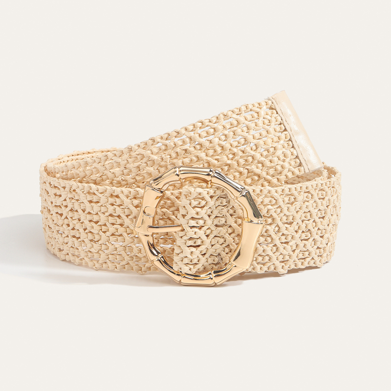 Moterų suknelės diržas Korėjietiško stiliaus, pintas PP juostelė su šiaudų tekstūra, apvali metalinė sagtis, užsegimas su smeigtuku, prekės ženklas Qiwei