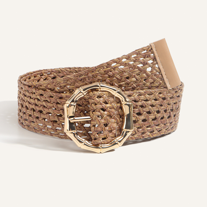 Moterų suknelės diržas Korėjietiško stiliaus, pintas PP juostelė su šiaudų tekstūra, apvali metalinė sagtis, užsegimas su smeigtuku, prekės ženklas Qiwei