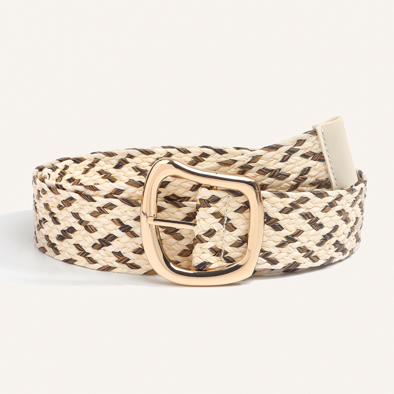 Moterų suknelės diržas Korėjietiško stiliaus, pintas PP juostelė su šiaudų tekstūra, apvali metalinė sagtis, užsegimas su smeigtuku, prekės ženklas Qiwei