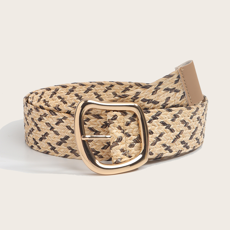 Moterų suknelės diržas Korėjietiško stiliaus, pintas PP juostelė su šiaudų tekstūra, apvali metalinė sagtis, užsegimas su smeigtuku, prekės ženklas Qiwei