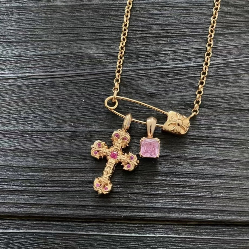 Unisex ogrlica od srebra S925 sa plamenim križem, privjesak od cukrovom kockom sa osmijehom, regularni lanac, geometrijski dizajn, tamni stil