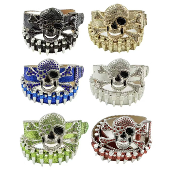 Punk galvos dekoratyvinė juosta su kristalais – PU medžiaga, lydinio sagtis, plokščios užsegimas, plotis > 4 cm, deimantinė apdaila