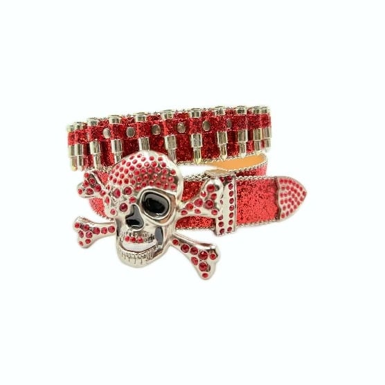 Punk galvos dekoratyvinė juosta su kristalais – PU medžiaga, lydinio sagtis, plokščios užsegimas, plotis > 4 cm, deimantinė apdaila