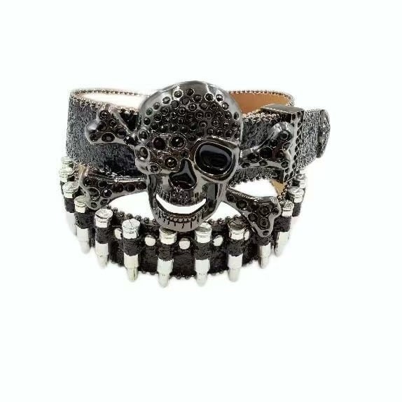 Punk galvos dekoratyvinė juosta su kristalais – PU medžiaga, lydinio sagtis, plokščios užsegimas, plotis > 4 cm, deimantinė apdaila