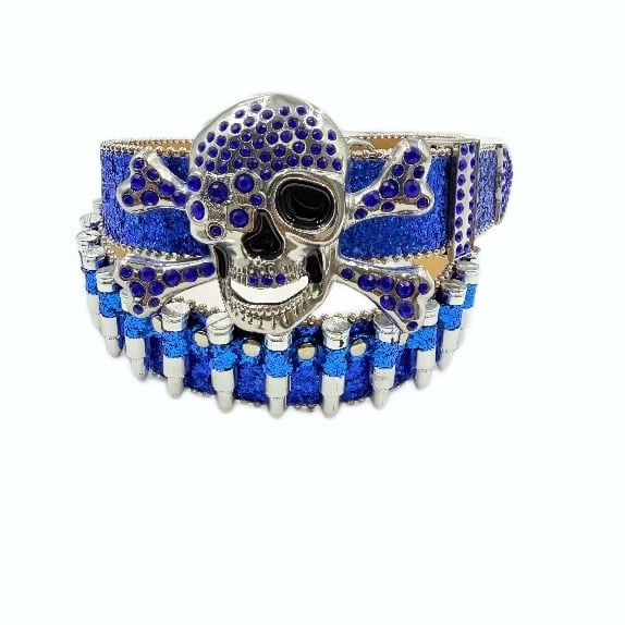 Punk galvos dekoratyvinė juosta su kristalais – PU medžiaga, lydinio sagtis, plokščios užsegimas, plotis > 4 cm, deimantinė apdaila