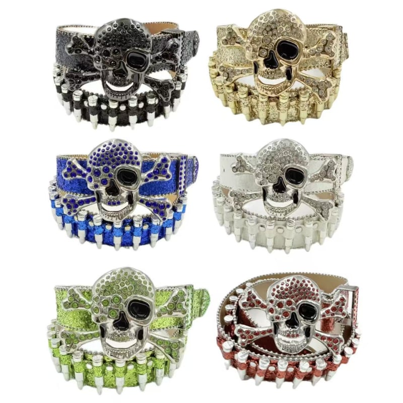 Punk galvos dekoratyvinė juosta su kristalais – PU medžiaga, lydinio sagtis, plokščios užsegimas, plotis > 4 cm, deimantinė apdaila