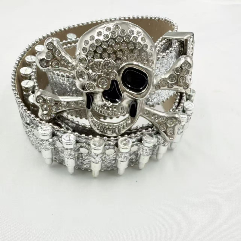 Punk galvos dekoratyvinė juosta su kristalais – PU medžiaga, lydinio sagtis, plokščios užsegimas, plotis > 4 cm, deimantinė apdaila