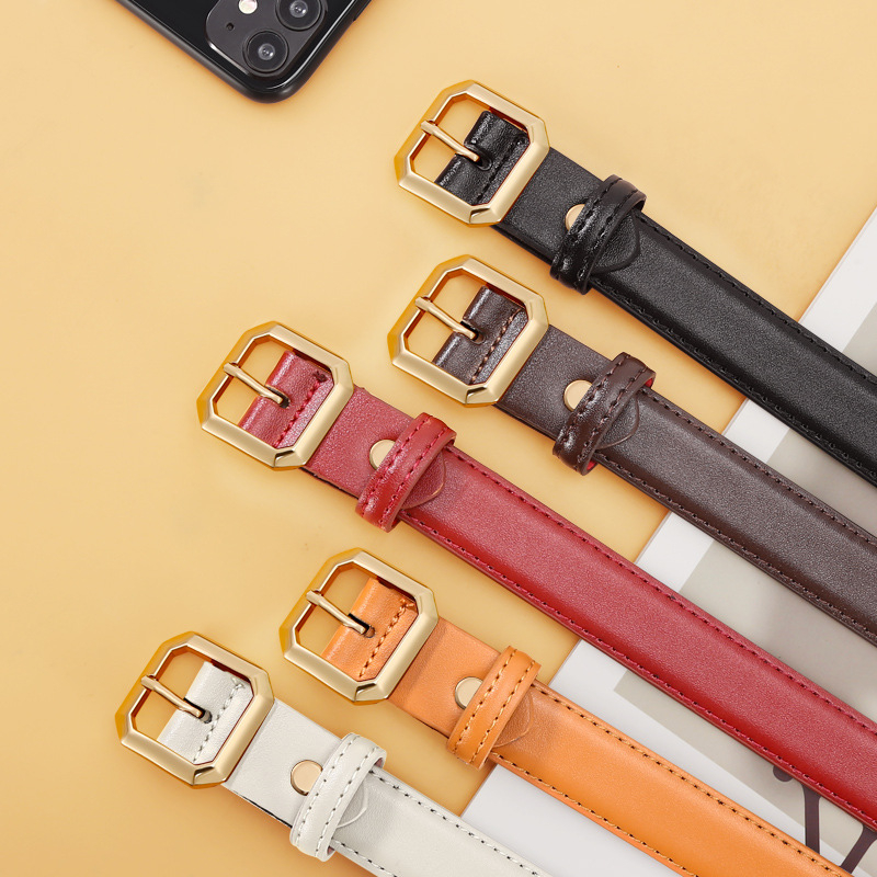 Moterų plona odinė juosta suknelėms ir džinsams, dviejų sluoksnių jautienos oda, lydinio sagtis, smeigės užsegimas, plotis 2–4 cm