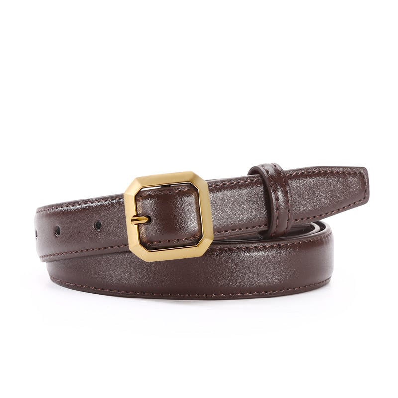 Moterų plona odinė juosta suknelėms ir džinsams, dviejų sluoksnių jautienos oda, lydinio sagtis, smeigės užsegimas, plotis 2–4 cm