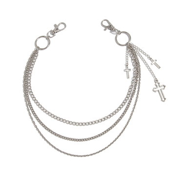 Metāla jostas ķēde ar krusta-punk kulonu, garums 80–100 cm, vairāki jostas cilpiņi, daudzpusīgs stils