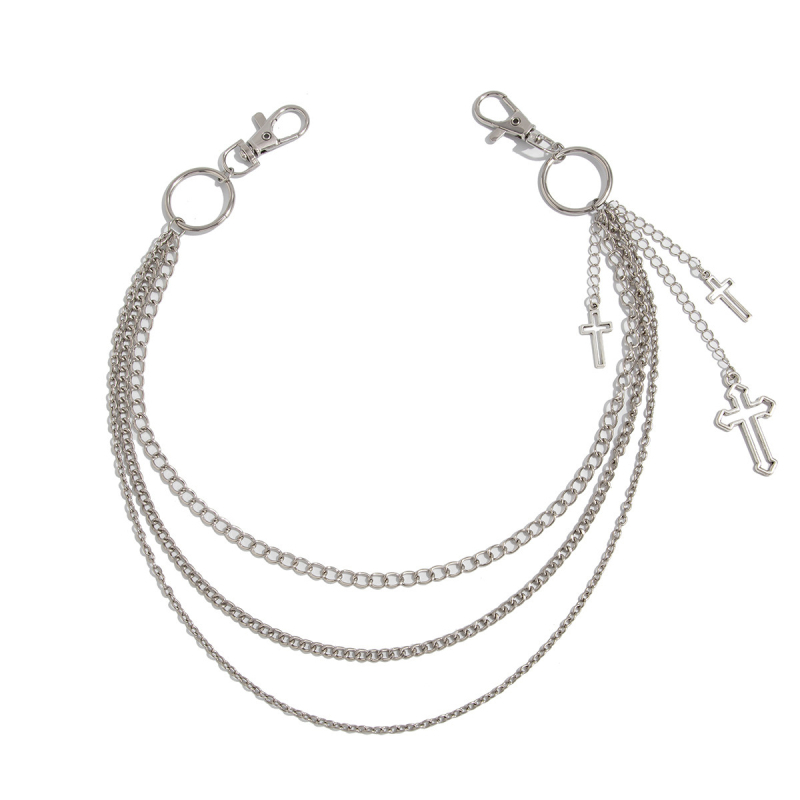 Metāla jostas ķēde ar krusta-punk kulonu, garums 80–100 cm, vairāki jostas cilpiņi, daudzpusīgs stils