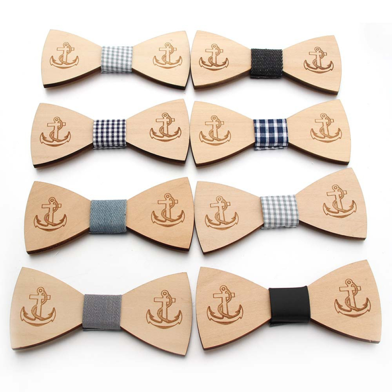 Drvena leptir mašna s motivom sidra, lasersko izrezana, geometrijski uzorak, unisex, ploski stil