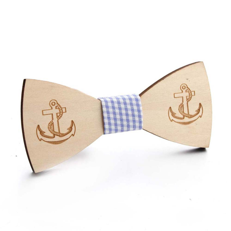 Drvena leptir mašna s motivom sidra, lasersko izrezana, geometrijski uzorak, unisex, ploski stil