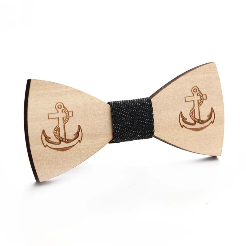 Drvena leptir mašna s motivom sidra, lasersko izrezana, geometrijski uzorak, unisex, ploski stil