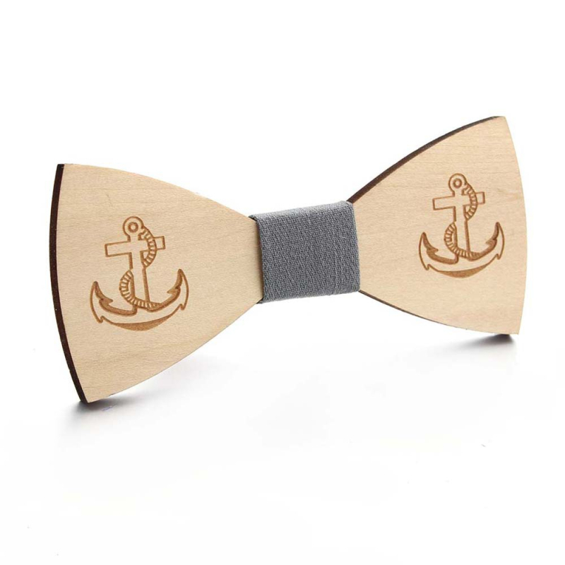 Drvena leptir mašna s motivom sidra, lasersko izrezana, geometrijski uzorak, unisex, ploski stil