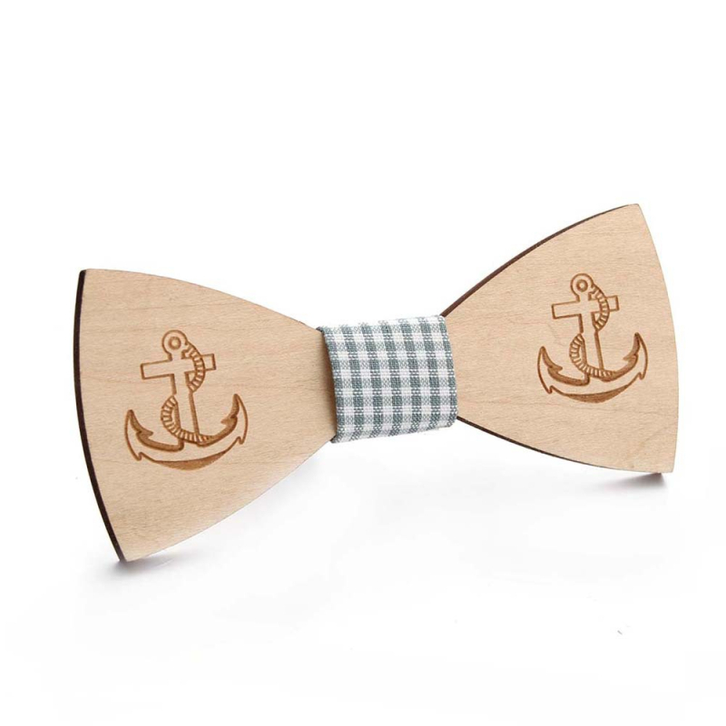 Drvena leptir mašna s motivom sidra, lasersko izrezana, geometrijski uzorak, unisex, ploski stil
