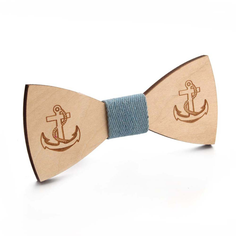 Drvena leptir mašna s motivom sidra, lasersko izrezana, geometrijski uzorak, unisex, ploski stil