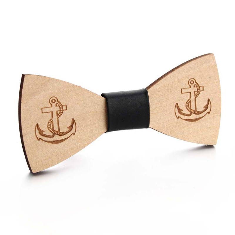 Drvena leptir mašna s motivom sidra, lasersko izrezana, geometrijski uzorak, unisex, ploski stil