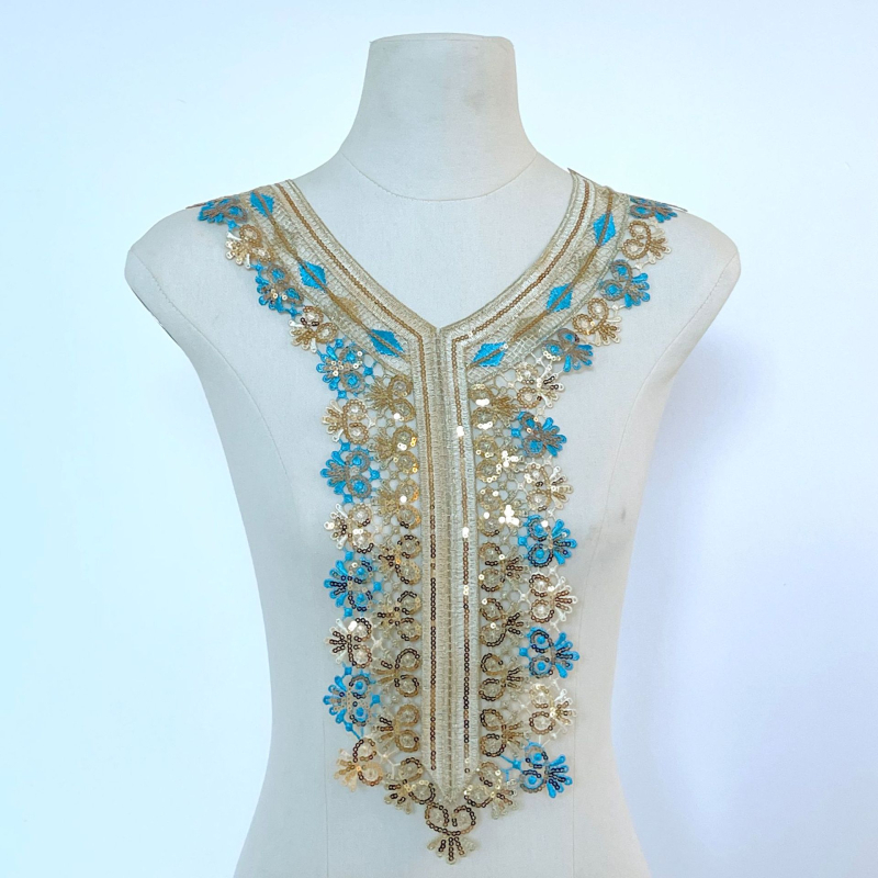 Sequins daugių spalvų kaklo žiedas su vandens tirpstančia nėrinių – Medžiaga: poliesteris; Vandens tirpstanti nėrinių; Tinka apatiniams, pižamoms, moterų drabužiams, galvos aksesuarams, namų tekstilei