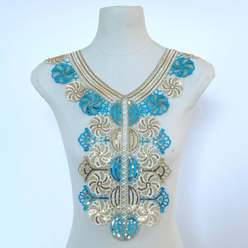 Sequins daugių spalvų kaklo žiedas su vandens tirpstančia nėrinių – Medžiaga: poliesteris; Vandens tirpstanti nėrinių; Tinka apatiniams, pižamoms, moterų drabužiams, galvos aksesuarams, namų tekstilei