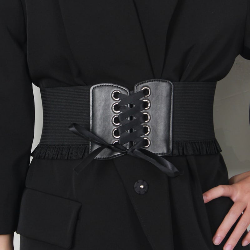 Laiem taljevöö koos tupsude ja pitsiga; elastne PU + pitsiline materjal; mitmekülgne stiil; sobib kõigile aastaaegadele