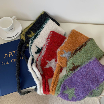 Korejski stil pletene zaštitnike za uši s uzorkom zvjezdice, unisex vuneni, topli i otporni na vjetar, s vezicama, za jesen-zimu putovanja