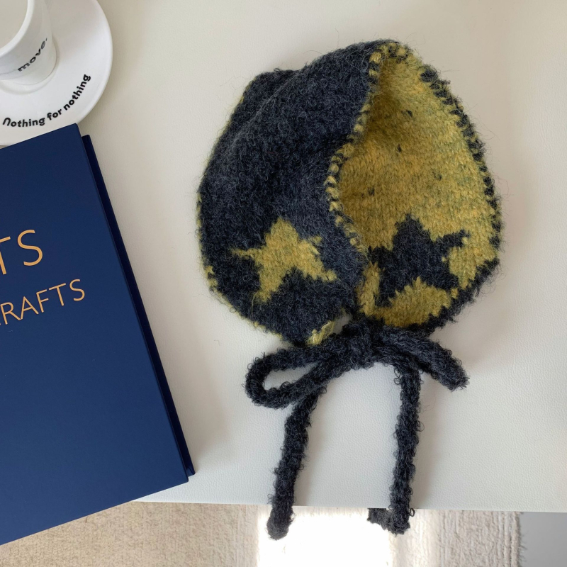 Korejski stil pletene zaštitnike za uši s uzorkom zvjezdice, unisex vuneni, topli i otporni na vjetar, s vezicama, za jesen-zimu putovanja