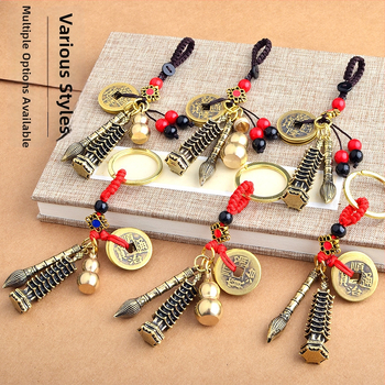 Žalvarinis pakabukas raktis su Wenchang Tower dizainu, devynaukštis bokštas, Penkių imperatorių monetų motyvas