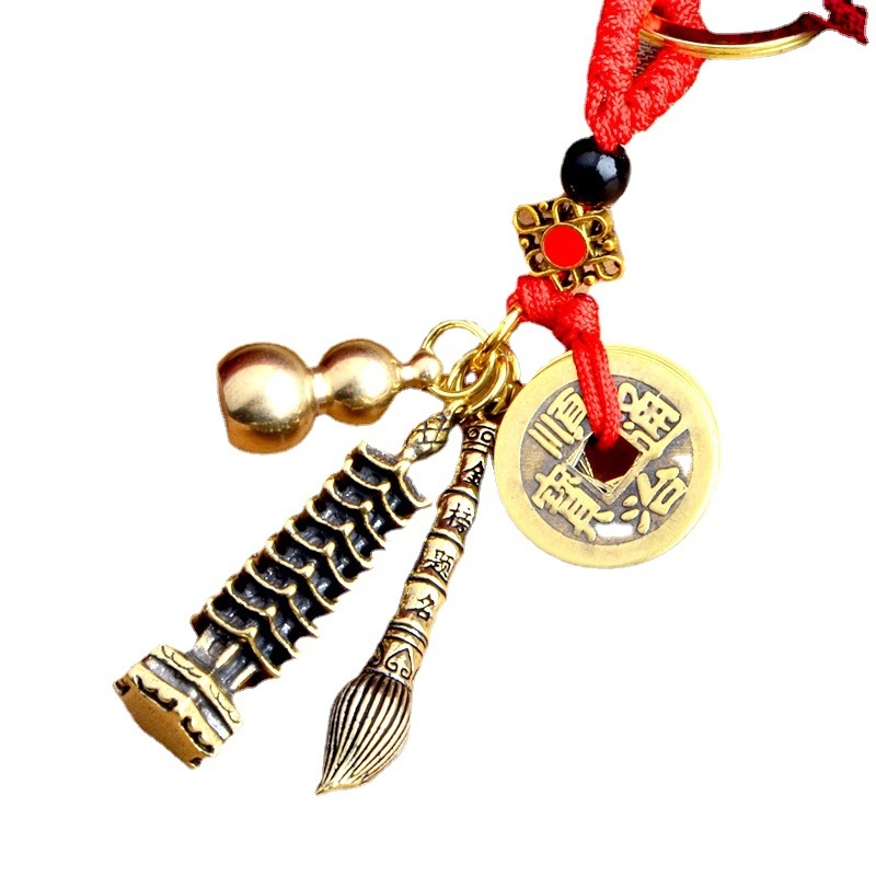 Žalvarinis pakabukas raktis su Wenchang Tower dizainu, devynaukštis bokštas, Penkių imperatorių monetų motyvas