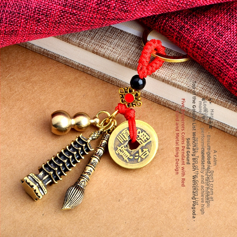 Žalvarinis pakabukas raktis su Wenchang Tower dizainu, devynaukštis bokštas, Penkių imperatorių monetų motyvas