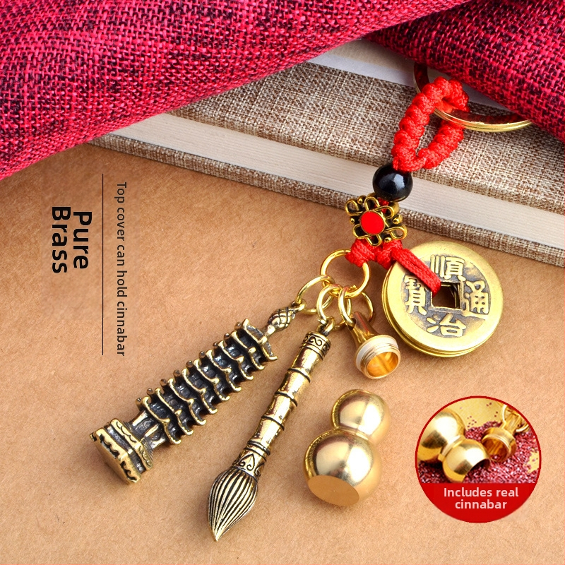 Žalvarinis pakabukas raktis su Wenchang Tower dizainu, devynaukštis bokštas, Penkių imperatorių monetų motyvas