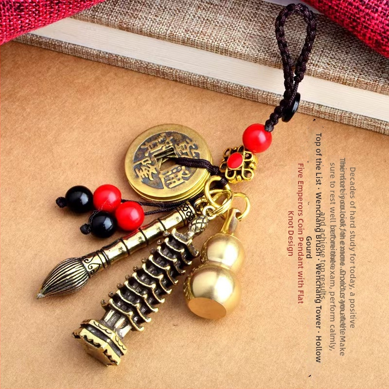 Žalvarinis pakabukas raktis su Wenchang Tower dizainu, devynaukštis bokštas, Penkių imperatorių monetų motyvas