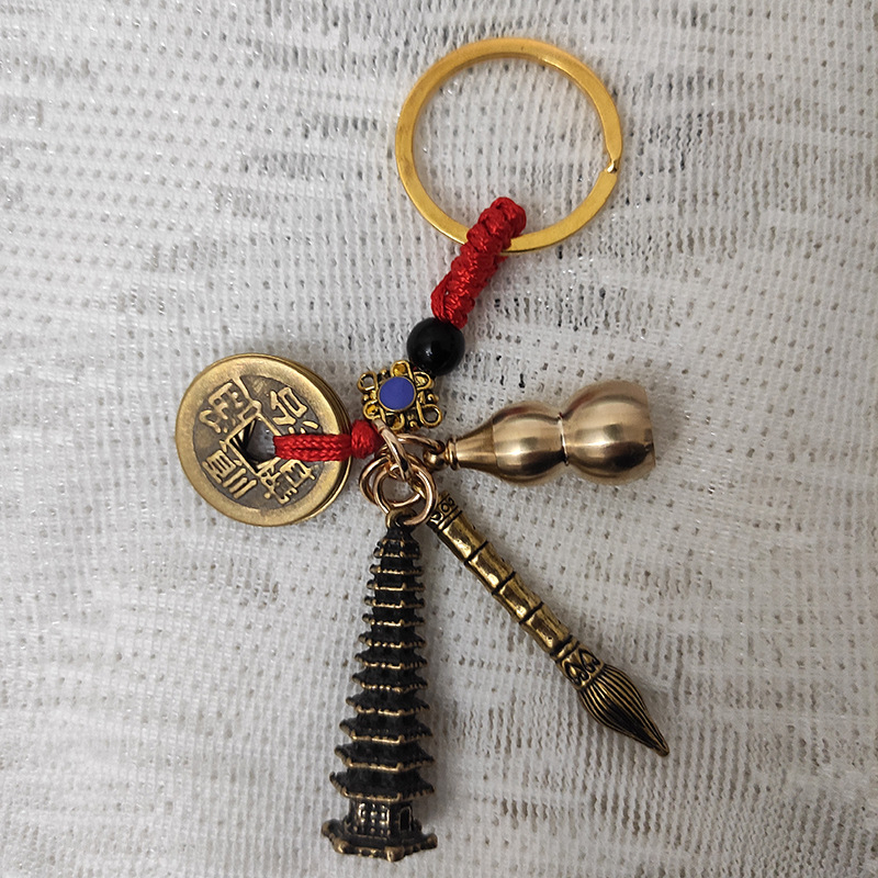 Žalvarinis pakabukas raktis su Wenchang Tower dizainu, devynaukštis bokštas, Penkių imperatorių monetų motyvas
